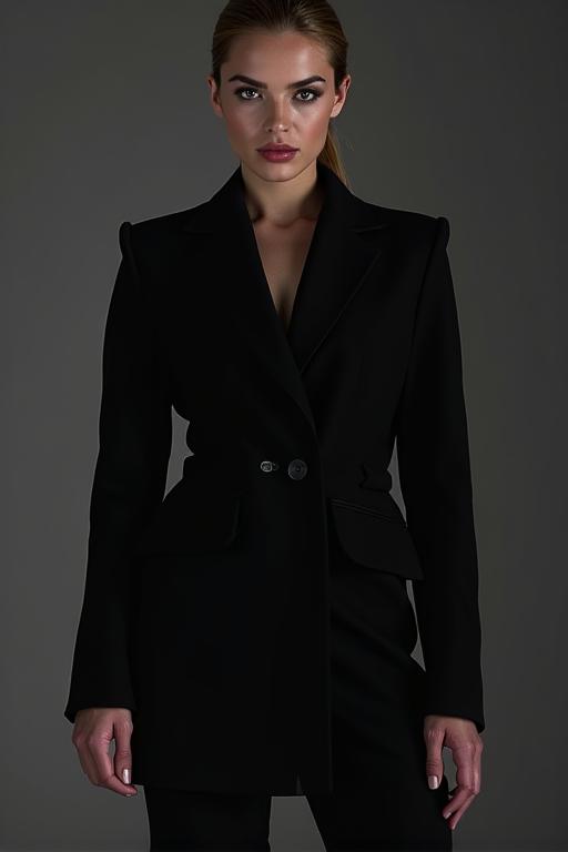 Modelo con un traje negro de corte moderno.